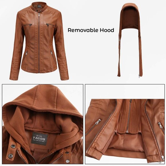 Faux Leather Jacket Women Motorcycle Coat for Biker with Removable Hood Plus Siz - Picture 2 of 5